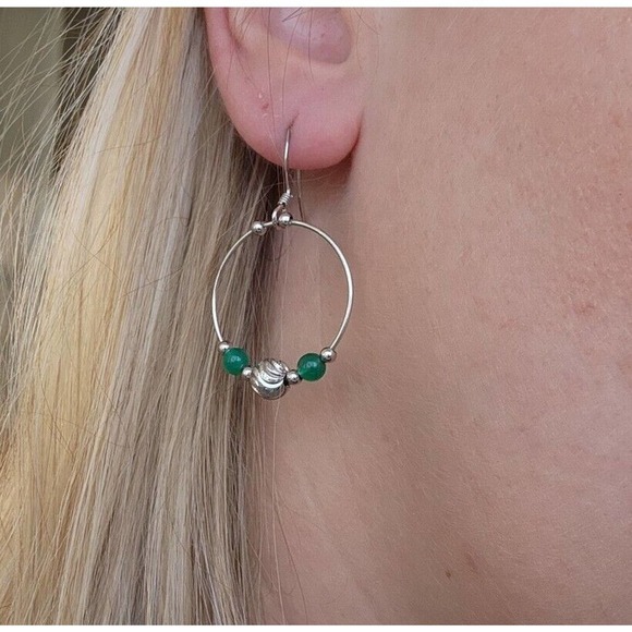Solid 925 Sterling Silver Fine Jewelry Round Hoop Earrings green Aventurine - Picture 6 of 11